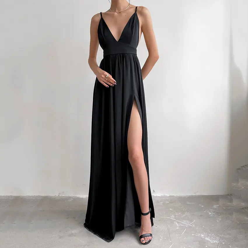 2022 Sommer New Women's Slit Sling Sexy Abendkleid Mode Einfarbig Deep V Neck Long Dress