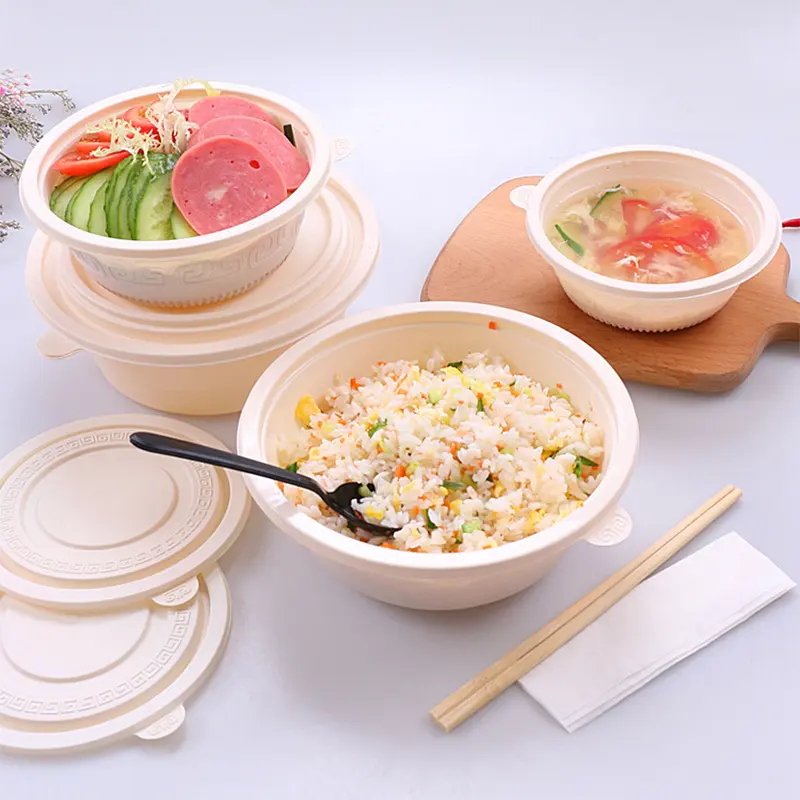 Biodegradable Plastic Noodle Takeaway Waterproof Ramen Bowl Set Disposable Soup Bowl With Lid