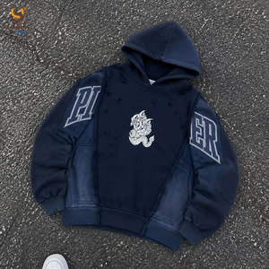 Sweat-shirt à capuche personnalisé pour homme, style patchwork vieilli, imprimé graphique, streetwear, vintage, délavé, coupe oversize, décontracté - Product Image 1