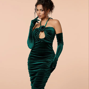 green velvet halter neck dress Olive Coast Velvet Halter Neck Embellished Floral Maxi Dress