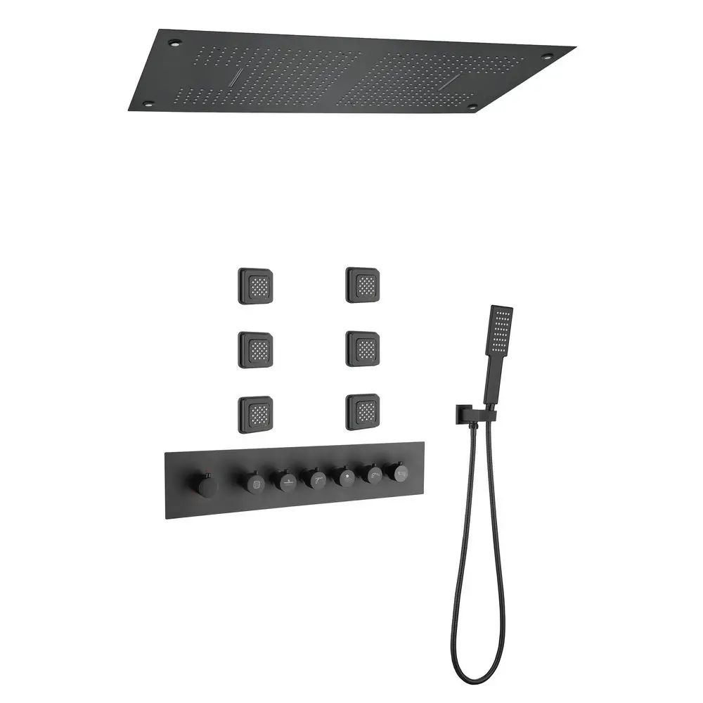 China earliest factory biggest 1150*600 mm size 6 functions matte black concealed ceiling rain shower system set with LED light