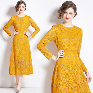 <span class=keywords><strong>Vestido</strong></span> de Encaje <span class=keywords><strong>amarillo</strong></span> de ganchillo calado con cuello redondo lavable natural sólido Midi elegante para mujer recién llegado - Product Image 1