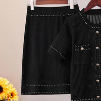 Ensemble deux pièces de luxe vintage pour femme, imprimé léopard, tricoté avec surpiqûres contrastées, en Spandex/Coton, anti-plis, manches courtes boutonnées