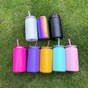 16oz Soda Beer Powder Coated Insulated Rainbow Plated <b>Metal</b> Cups Laser Engraving Colored Stainless Steel Can Tumbler with <b>Straw</b> - Product Image 2