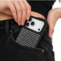 Étui noir luxueux et esthétique pour iPhone 15 Pro Max, boîtier en PC minimaliste avec strass pour femme de bureau, étui anti-rayures