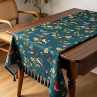 Nappe Jacquard Monet en Gros d'Usine, Nappe Rectangulaire Beige à Motifs Floraux et Oiseaux avec Pompons, Personnalisation OEM Disponible
