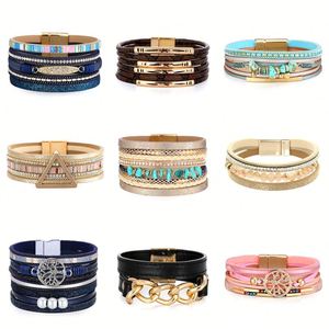 Ethnic Fashion Jewelry Gift - Boho Multilayer PU <b>Leather</b> <b>Bracelets</b> for Women with Rhinestone Woven 8-Shaped Cuff Bangle - Product Image 1