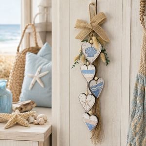 Mediterranean Home Door Decoration Rustic <b>Nautical</b> Coastal Beach Seashell Starfish Ornament Wooden Heart Wall Hanging <b>Decor</b> - Product Image 3