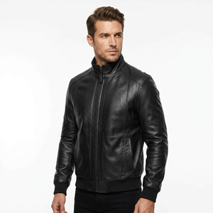 LEATHER <b>TEX</b> Men's Black Sheepskin Leather Bomber Jacket Stand Collar Zipper Closure Moto Style Slim Fit Autumn Wear Quick Dry - Product Image 3