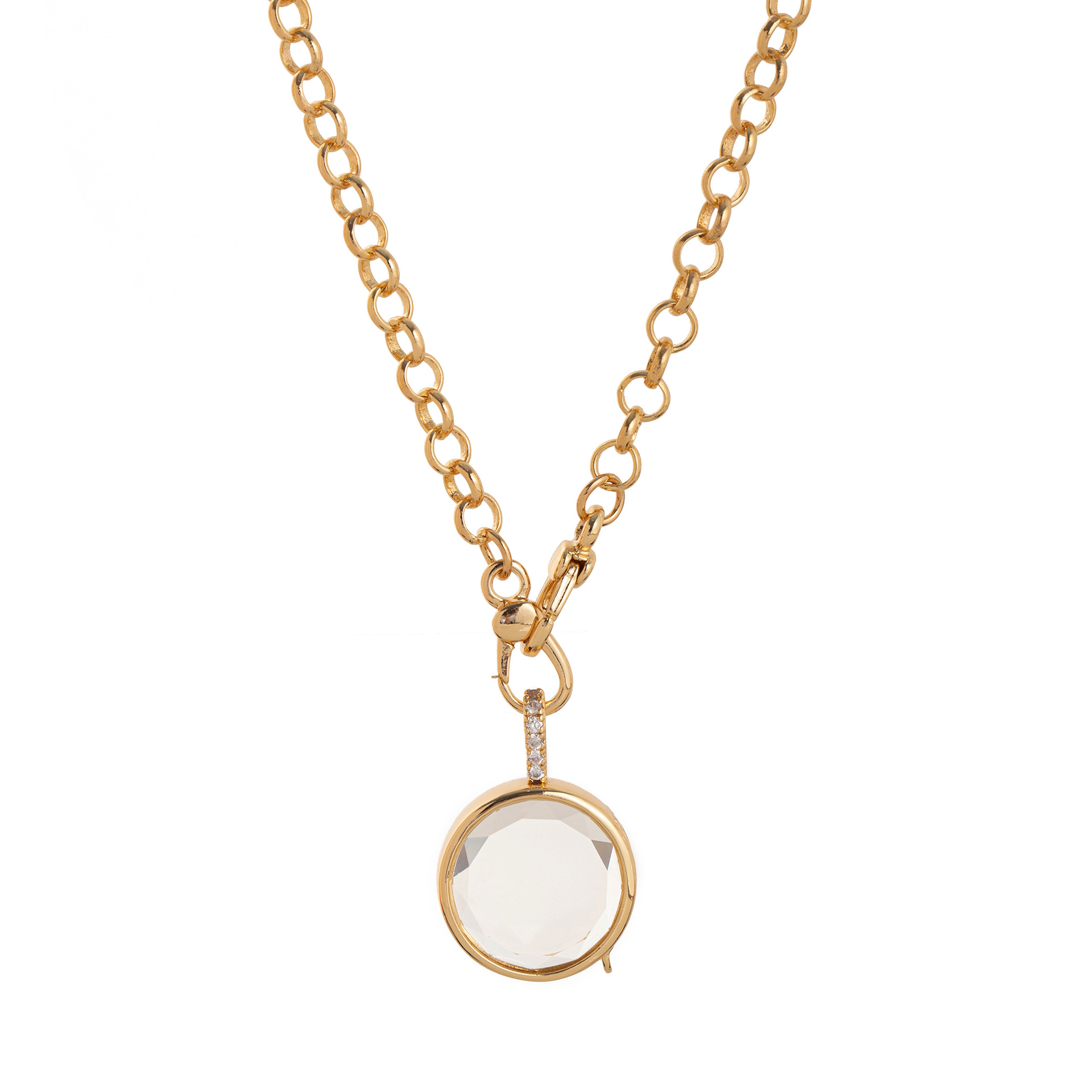 Collana con ciondolo a forma di scatola fotografica rotonda trasparente.