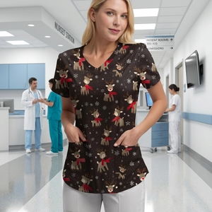 Clevora Women's <b>Christmas</b> Reindeer Print <b>Scrub</b> <b>Top</b> Black Short Sleeve V-Neck Knitted Fabric Hospital Uniforms - Product Image 2