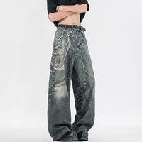 Jean Star Charm pour homme, coupe baggy, denim noir délavé, applique florale, ourlet déchiré, effet usé, style Y2K, imprimé 3D, jambe large, personnalisable OEM