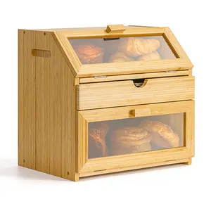 صندوق خبز من الخيزران سهل النقل بطبقتين مع درج تخزين للأطباق في المنتصف