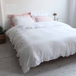 king size luxury comforter Soft natural washed 100% flax french linen fabric Ruffles bedding set