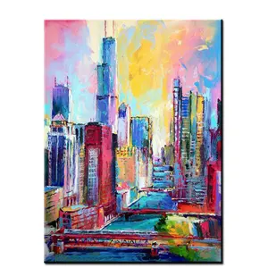 Hand Painted Modern Building Landscape Oil Painting on Canvas for Home Decor Wall Paintings Handmade City Scenery Oil Picture