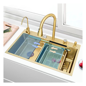 Évier de cuisine en cascade intelligent en <span class=keywords><strong>or</strong></span> fait à la main, acier inoxydable 304 SUS, bol rectangulaire unique avec robinet extractible à 3 vitesses, montage en surface - Product Image 2