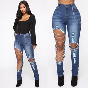 Bulk Wholesale Designer Casual Distressed High Waist Ripped Denim Pants Women Jeans