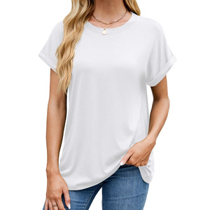 Camiseta de Verano para Mujer, Casual, de Color Sólido, Cuello Redondo, Manga Corta, Transpirable, de Secado Rápido, Tejida en Poliéster/Algodón, China - Product Image 6
