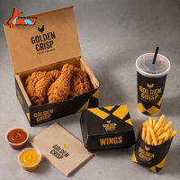 Ensemble d'emballages en papier personnalisés pour la restauration rapide, boîte à poulet frit, sac en kraft, porte-frites, noir et or, marquage de la marque de restaurant