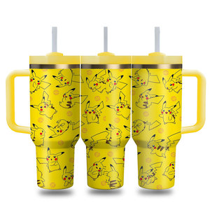 40oz Cute Cartoon <strong>Pokemoned</strong> Print Stainless Steel Tumbler with Handle Straw Vacuum Insulated Travel <strong>Mug</strong> Water Bottle Coffee Cup - Product Image 1