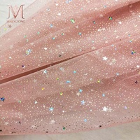 Tissu en maille transparente soyeuse à paillettes laser étoiles et lunes, imprimé feuille d'or, 100 % nylon, effet estampage à chaud, soyeux et léger