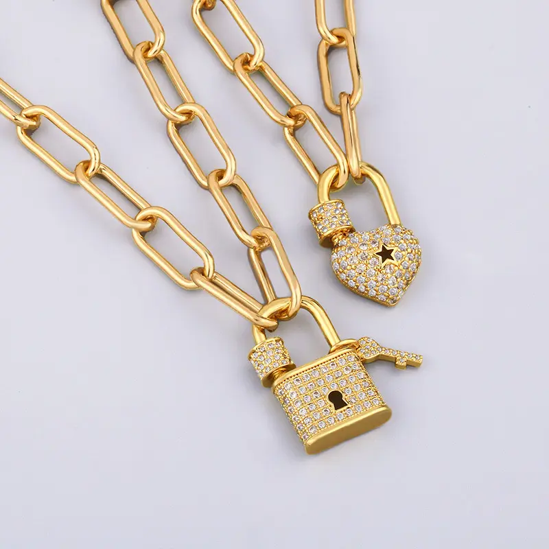 18K Gold Plated Link Chain Lock Hart Verharde Cz Kralen Sluitingen Ketting Hart Karabijnhaak Slot Hanger Ketting