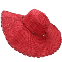 Chapeau de soleil d'été en perles de bois et dentelle pour femmes Chapeau de paille souple à large bord pour la plage, coupe-vent pour l'extérieur, les voyages occasionnels.