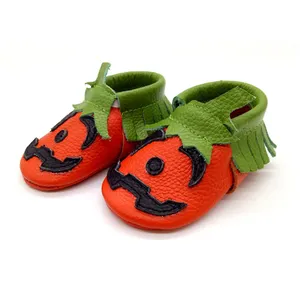 wholesale trending newborn leather halloween pumpkin design baby shoes genuine