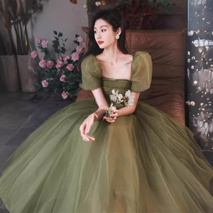 Ethereal Green Evening Gown Square Collar Puff Sleeve Vintage Formal Dress Empire Waist Long Ball Gown Forest Style - Product Image 1
