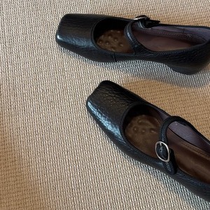 Zapatos Planos Mary Jane de Cuero Genuino Negro con Punta Cuadrada y Correa con Hebilla, que Aumentan la Altura, para Todas las Temporadas, para Mujer - Product Image 1