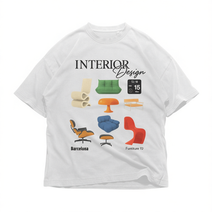 Camiseta gráfica extragrande con iconos de muebles de diseño de interiores, estampado de sillas de mediados de siglo con temática espacial, ropa urbana unisex - Product Image 2