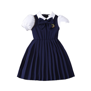 Robe d'été unie à fleurs en coton/polyester pour filles, style anglais, manches courtes, uniforme scolaire une pièce pour l'école primaire - Product Image 1