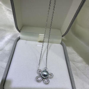 Collier Ma Akoya en argent pur avec chaîne en pétales, perles de 8-9 mm, pendentifs et breloques en argent bleu clair de qualité supérieure - Product Image 2