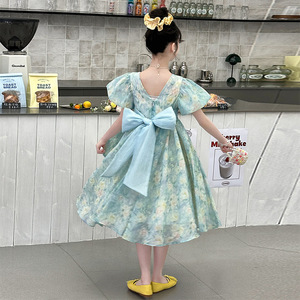 Robes florales pour filles 2026 – Nouvelle collection été pour adolescentes : Robe verte à manches courtes bouffantes et imprimé floral - Product Image 5