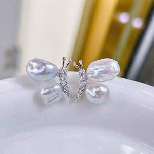 22595 S925 <b>Silver</b> DIY <b>Pearl</b> Accessories Empty Support Double Butterfly <b>Earrings</b> with 6-9mm Round Beads 6-9mm Round Beads - Product Image 1