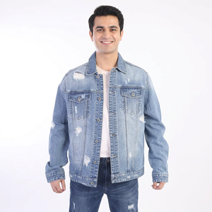 Classic <b>Men</b> <b>Denim</b> <b>Jacket</b> in Acid Wash Distressed Slim Fit Ideal for Urban Casual Streetwear - Product Image 1