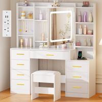 Table de toilette blanche avec miroir et éclairage réglable