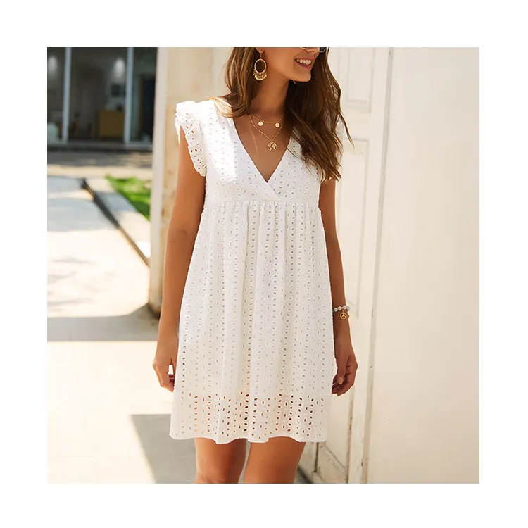 European And American Summer Women's Sexy Deep V Sweet Flying Sleeve Short-Sleeved Dress Hollow High Waist A-Line Lace Skirt