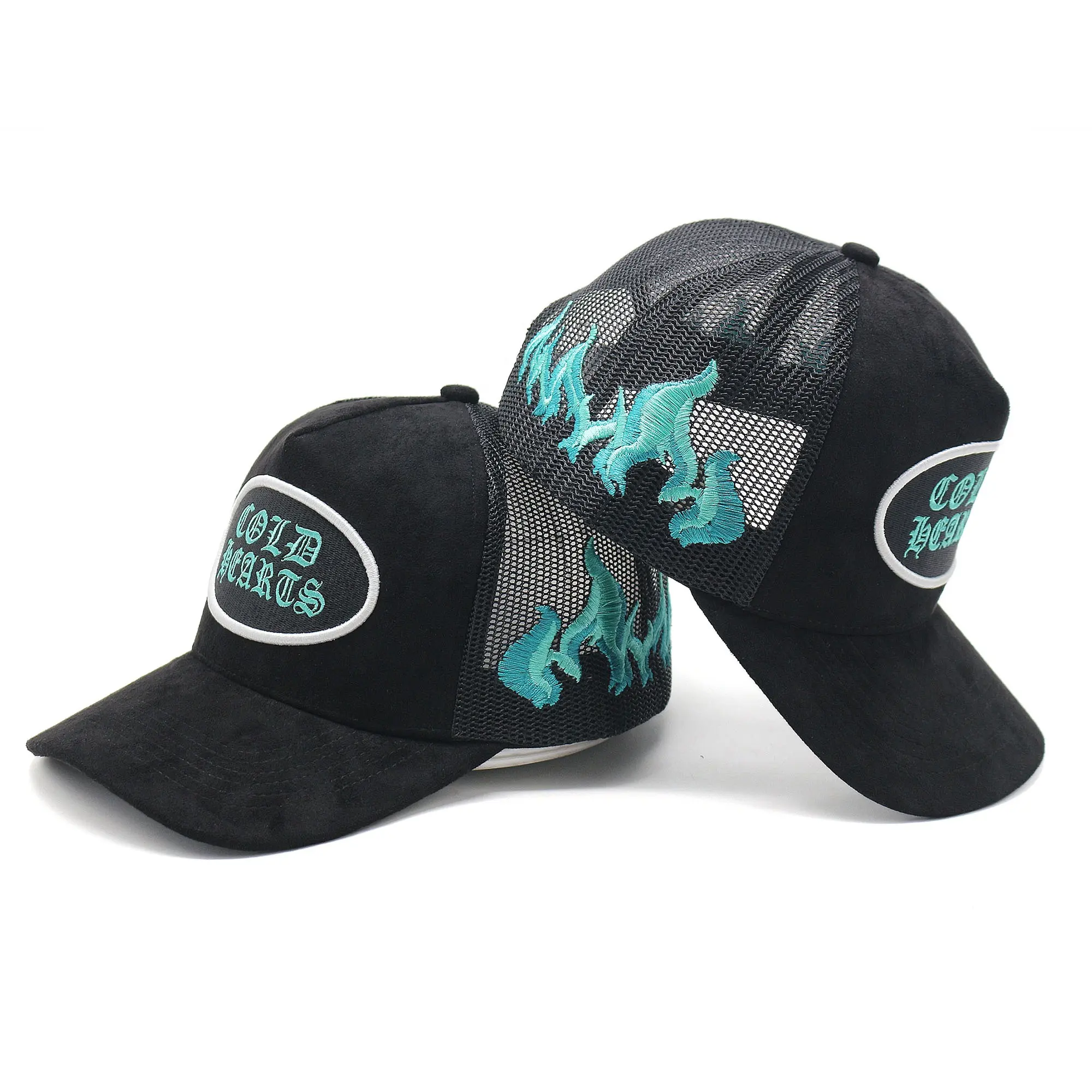 Grosir topi trucker suede fashion dengan flam logo patch bordir biru merak