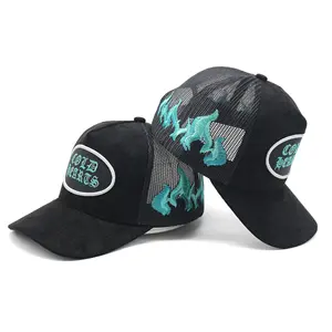 wholesale fashion suede trucker hat with Peacock Blue embroidery patch logo flam