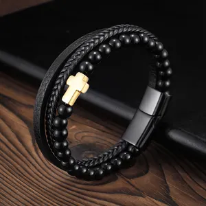 Natural Stone Bracelet With Stone Tiger Eye Beads For Men. Stainless Steel Cross Bracelet