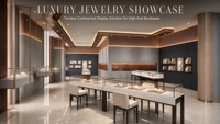 Vitrine d'îlot haut de gamme avec plateau en verre long pour la présentation de bijoux, montres et articles de joaillerie en magasin de détail