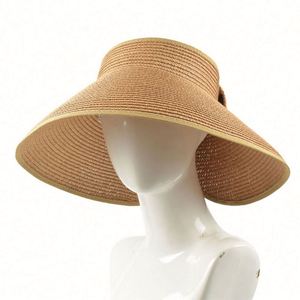 Foldable Straw <b>Hat</b> <b>Summer</b> Hollow Top Sun <b>Hat</b> Solid Color Large Brim <b>Hat</b> - Product Image 2