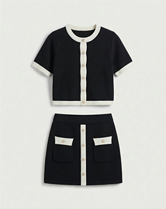 <strong>Old</strong> Money Contrast Trim Knitted Co-ord Set Women Short Sleeve Button Cardigan and Mini Skirt - Product Image 1