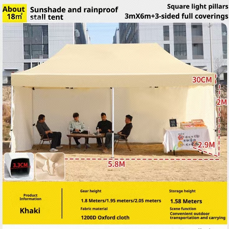 Piliers lumineux carrés - 3m x 6m + 3 couvertures intégrales - Kaki
