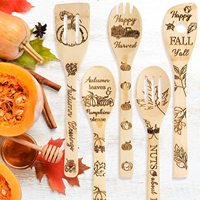 Ensemble d'ustensiles en bois thème automne 5 pièces, spatules et fourchettes en bambou, pour service de salade en cuisine, emballage en boîte, style design chinois fait main