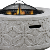 Brasero MGO d'extérieur au design moderne, pour charbon et bois, avec texture pierre, motif floral et écran anti-étincelles, pour jardin, patio et mobilier d'extérieur