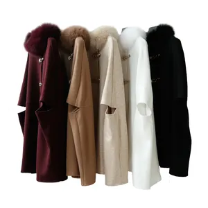 Mantel wol warna polos, mantel Luaran wol hangat dengan kerah bulu desain baru