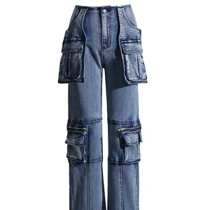 Autumn New Design Feel Spliced Large Pocket Straight Slender Denim Pants