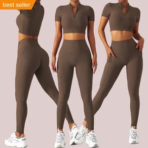 <span class=keywords><strong>2022</strong></span> nueva ropa de Fitness para mujer, conjunto de entrenamiento de gimnasio, Top corto con cremallera acanalada, camiseta y mallas con bolsillos laterales, conjuntos de ropa activa - Product Image 1